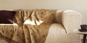 Καναπές σε σαλόνι με ριχτάρι και μαξιλάρι 