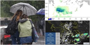 Καιρός δυο κοπέλες περπατούν κάτω από ομπρέλα στη βροχή