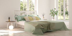 κρεβατι πρασινα σεντονια παραθυρα 