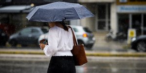 Γυναίκα περπατά στη βροχή κρατώντας ομπρέλα και καφέ