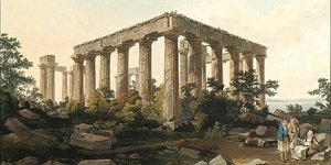 Ο ναός της Αφαίας στην Αίγινα. Απεικονίζονται οι χωρικοί της Αίγινας που τροφοδοτούσαν τους περιηγητές κατά το διάστημα που αυτοί διέμειναν στον χώρο