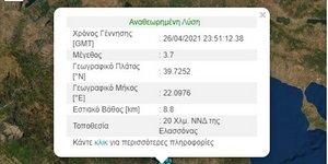 Σεισμός 3,7 Ρίχτερ Ελασσόνα Γεωδυναμικό Ινστιτούτο