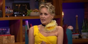 Η Σάρον Στόουν με κίτρινο φόρεμα και ένα μεγάλο λουλούδι στο λαιμό