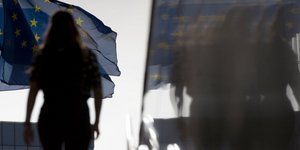 σημαία ΕΕ με κοπέλα να ανεβαίνει σκαλιά