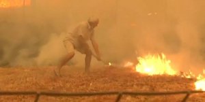 άνδρας σβήνει φωτιά στην Εύβοια με κλαδί