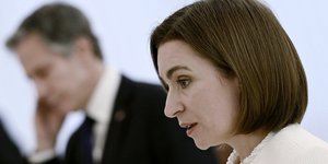 Η πρόεδρος της Μολδαβίας Μάγια Σάντου σε πρόσφατη συνάντησή της με τον Άντονι Μπλίνκεν