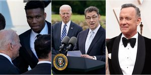 Ο Γιάννης Αντετοκούνμπο με τον Τζο Μπάιντεν, ο Αλμπερτ Μπουρλά, ο Μάικλ Δουκάκης και ο Τομ Χανκς 