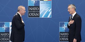 Ο Τούρκος πρόεδρος, Ρετζέπ Ταγίπ Ερντογάν, με τον Γενς Στόλτενμπεργκ σε σύνοδο του ΝΑΤΟ