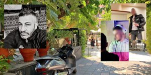 Το σημείο της δολοφονίας στη Ραφήνα. Αριστερά ο άτυχος 42χρονος και δεξιά οι δύο δράστες 