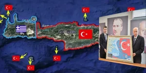 Νέα ακραία πρόκληση από την Τουρκία -Αριστερά ο χάρτης του TR Haber, δεξιά ο εταίρος του Ερντογάν Μπαχτσελί με το χάρτη που δείχνει όλη την Κρήτη στην Τουρκία! 