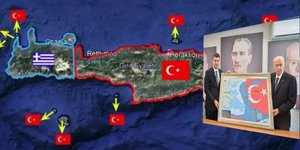 Νέα ακραία πρόκληση από την Τουρκία -Αριστερά ο χάρτης του TR Haber, δεξιά ο εταίρος του Ερντογάν Μπαχτσελί με το χάρτη που δείχνει όλη την Κρήτη στην Τουρκία!