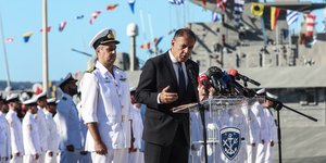 Ο ΥΕΘΑ, Νίκος Παναγιωτόπουλος, στο βήμα κατά την τελετή ονοματοδοσίας της νέας πυραυλακάτου «Υποπλοίαρχος Βλαχάκος»/ Φωτογραφία: EUROKINISSI