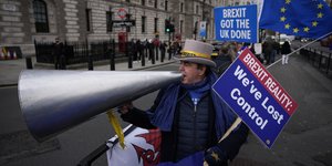 Διαδηλωτής με ντουντούκα και πλακάτ υπέρ του Brexit