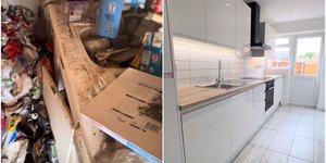 Η κουζίνα του διαμερίσματος πριν, γεμάτη σκουπίδια, και μετά την ανακαίνιση
