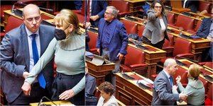 Η Φωτεινή Πιπιλή διαμαρτύρεται στα έδρανα του ΣΥΡΙΖΑ -Αριστερά ο Γ. Οικονόμου την απομακρύνει 