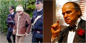 Ο αρχηγός της Κόζα Νόστρα, Ματέο Μεσίνα Ντενάρο (αριστερά) και ο ηθοποιός Μάρλον Μπράντο (δεξιά) στη ταινία «Ο Νονός»