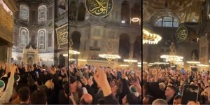 Oπαδοί του Ρετζέπ Ταγίπ Ερντογάν πανηγυρίζουν για τη νίκη του στις εκλογές μέσα στην Αγία Σοφιά
