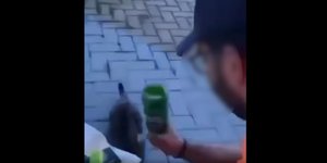 Άνδρας που φορά μπλούζα με το σήμα της Γενικής Γραμματείας Πολιτικής Προστασίας χτυπά μια γάτα στο κεφάλι με μπουκάλι μπίρας