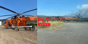 Το ελικόπτερο που προσγειώθηκε και επιχειρούσε στη φωτιά στη Λακωνία / Φωτογραφία: flynews.gr