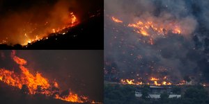 Αριστερά επάνω: Καίει η φωτιά στη Σαρωνίδα -Δεξιά και κάτω αριστερά: Φωτιά στην Κορινθία