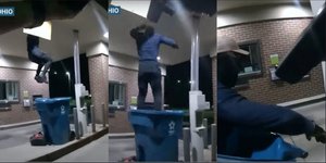 H στιγμή που ο διαρρήκτης πέφτει σε κάδο απορριμμάτων από την οροφή τράπεζας στο Οχάιο