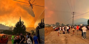 Η στιγμή που το ελικόπτερο με ρίψεις νερού ανοίγει δρόμο για την εκκένωση τουριστών μέσα από τις φλόγες στη Ρόδο