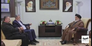 O ηγέτης της Χεζμπολάχ, Νασράλα (δεξιά), με τον υπαρχηγό της Χαμάς και τον αρχηγό της Ισλαμικής Τζιχάντ 