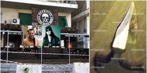 Ο 32χρονος αστυνομικός και, δεξιά, ο 44χρονος Νορβηγός και το μαχαίρι που χρησιμοποίησε