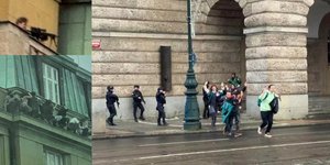 Πράγα: Νεκροί και τραυματίες -Αριστερά ο φερόμενος δράσης με όπλο, αριστερά κάτω φοιτητές σε περβάζι για να σωθούν, δεξιά έντρομοι πολίτες με τα χέρια ψηλά 