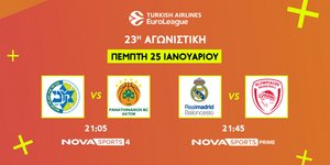 EuroLeague με Μακάμπι Τελ Αβίβ - Παναθηναϊκός AKTOR και Ρεάλ Μαδρίτης - Ολυμπιακός στο Novasports