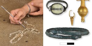 Περιδέραιο με χάνδρες από φαγιεντιανή. Ασημένιο περίαπτο με ένθετο γυαλί. Χρυσό ενώτιο και περίαπτο.Χάλκινο βραχιόλι με τελειώματα σε σχήμα κεφαλής φιδιού, 8ος-7ος αι. π.Χ.