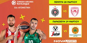 Παρτίζαν-Ολυμπιακός και Βίρτους Μπολόνια-Παναθηναϊκός AKTOR στο Novasports