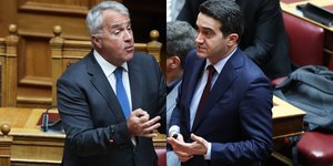 Ο υπουργός Επικρατείας Μάκης Βορίδης και ο κοινοβουλευτικός εκπρόσωπος του ΠΑΣΟΚ Μιχ. Κατρίνης