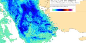 Ο χάρτης με το ύψος των βροχοπτώσεων που αναμένεται να πέσουν σήμερα, λόγω της κακοκαιρίας Emil