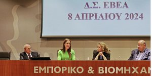 H Υπουργός Εργασίας και Κοινωνικής Ασφάλισης, Δόμνα Μιχαηλίδου, κατά την τοποθέτησή της στην τακτική συνεδρίαση του διοικητικού συμβουλίου του Εμπορικού και Βιομηχανικού Επιμελητήριου Ελλάδος (ΕΒΕΑ)