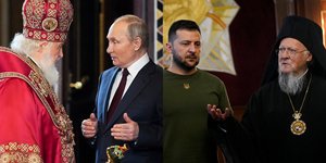 Ο πατριάρχης Κύριλλος της Ρωσίας με τον Πούτιν, δεξιά ο Οικουμενικός Πατριάρχης Βαρθολομαίος με Ζελένσκι