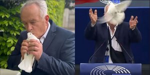 Ο Σλοβάκος ευρωβουλευτής Μίροσλαβ Ρανττσόφσκι με το περιστέρι που απελευθέρωσε μέσα στο Ευρωκοινοβούλιο