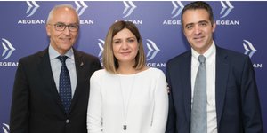 Ο CEO της AEGEAN, κ. Δημήτρης Γερογιάννης, η Deputy CCO Network and Revenue, κυρία Πέπη Σταμάτη και ο Γιάννης Ράσογλου, Director Network Planning and Airlines Partnerships