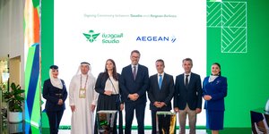 Abdullah M Algashgari GM Alliances and Partnerships Saudia, Marina Spyridaki Corporate Affairs Manager AEGEAN,  Arved Von Zur Muehlen Chief Commercial Officer Saudia, Yannis Rasoglou Network Planning and Airline Partnerships Director AEGEAN, Christos Giannopoulos Regional Sales Manager Middle East, North Africa, North America & CIS AEGEAN with Cabin Crew Members