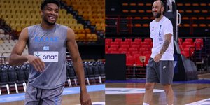 Χαμογελαστοί Γιάννης Αντετοκούνμπο και Βασίλης Σπανούλης στην προπόνηση της Εθνικής