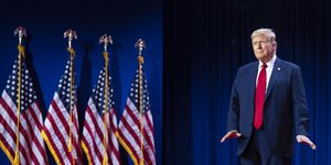 Ο Τραμπ δίπλα σε αμερικανικές σημαίες