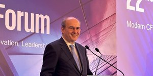 O υπουργός Εθνικής Οικονομίας και Οικονομικών Κωστής Χατζηδάκης κατά την ομιλία του σήμερα στο 22 ο Συνέδριο Οικονομικών Διευθυντών με θέμα «Modern CFO- Strategy, Innovation, Leadership» που διοργάνωσε η KPMG