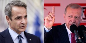 Από αριστερά ο πρωθυπουργός Κυριάκος Μητσοτάκης και ο Τούρκος πρόεδρος Ρετζέπ Ταγίπ Ερντογάν