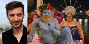 Ο Τομά Ζολί, σκηνοθέτης της τελετής έναρξης των Ολυμπιακών στο Παρίσι -Δεξιά ο Διόνυσος και η drag queen