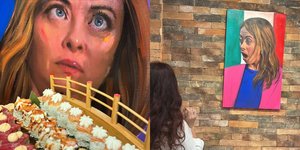 Πορτρέτα της Τζόρτζια Μελόνι σε εστιατόριο για την Ιταλίδα πρωθυπουργό στην Αλβανία