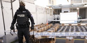 Αστυνομικός με σκύλο και φόντο κουτιά με ναρκωτικά στον Ισημερινό 