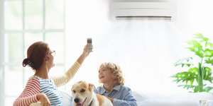 Γυναίκα,παιδί καισκύλος κάτω από air condition