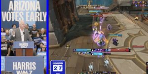 Στιγμιότυπο από την ομιλία του Δημοκρατικού υποψηφίου αντιπροέδρου Τιμ Γουόλτς, που αναμεταδόθηκε μέσω Twitch