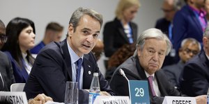 Ο πρωθυπουργός Κυριάκος Μητσοτάκης κατά την παρουσία σερ ειδική εκδήλωση του ΟΗΕ για τις υψηλές θερμοκρασίες, παρουσία του γενικού γραμματέα Αντόνιο Γκουτέρες