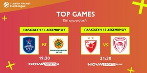 EuroLeague: Αναντολού Εφές - Παναθηναϊκός AKTOR & Ερυθρός Αστέρας - Ολυμπιακός στο παρκέ του Novasports!